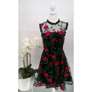 City Studio Embroidered Rose on Black Net Party Cocktail Tulle Flare Dress Sz 13
